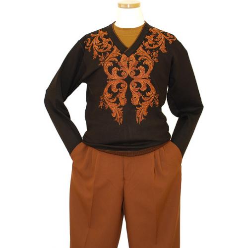 Prestige Brown With Cognac Embroidered Paisley Design V-Neck Knitted Sweater
